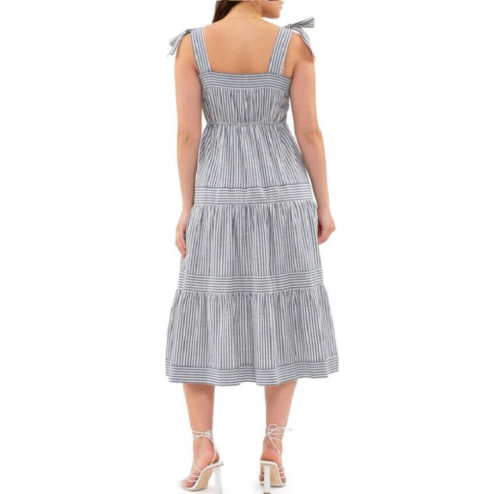 Flower &Feather Coastal Stripe Tie Shoulder Midi Dress Size L Resort Cottagecore - Picture 16 of 16